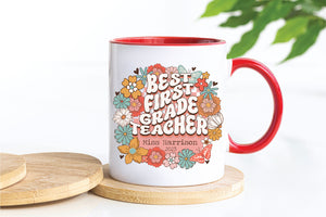 First Grade Retro Floral Teacher Personalised Mug