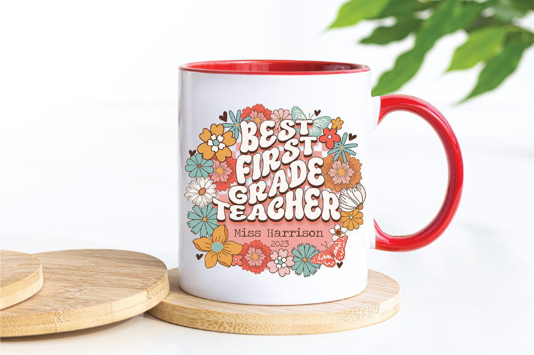 First Grade Retro Floral Teacher Personalised Mug