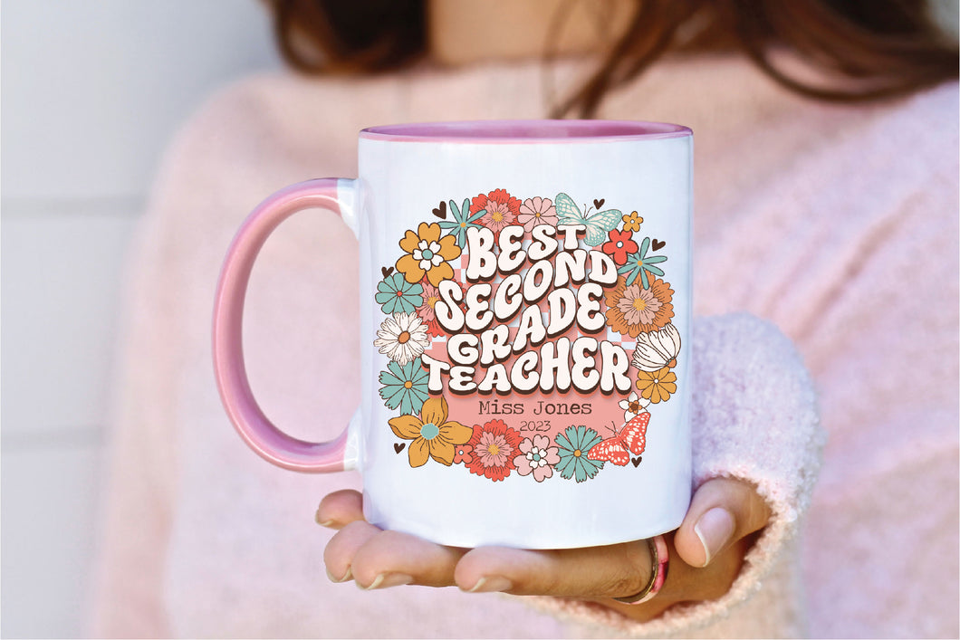 Second Grade Retro Floral Teacher Personalised Mug