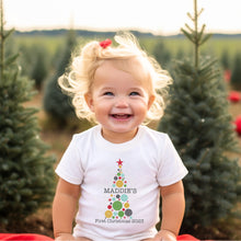Load image into Gallery viewer, Christmas Bauble Tree First Christmas Baby T-Shirt
