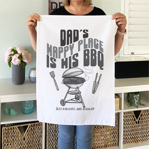 Dad's Happy Place Is His BBQ Personalised Tea Towel