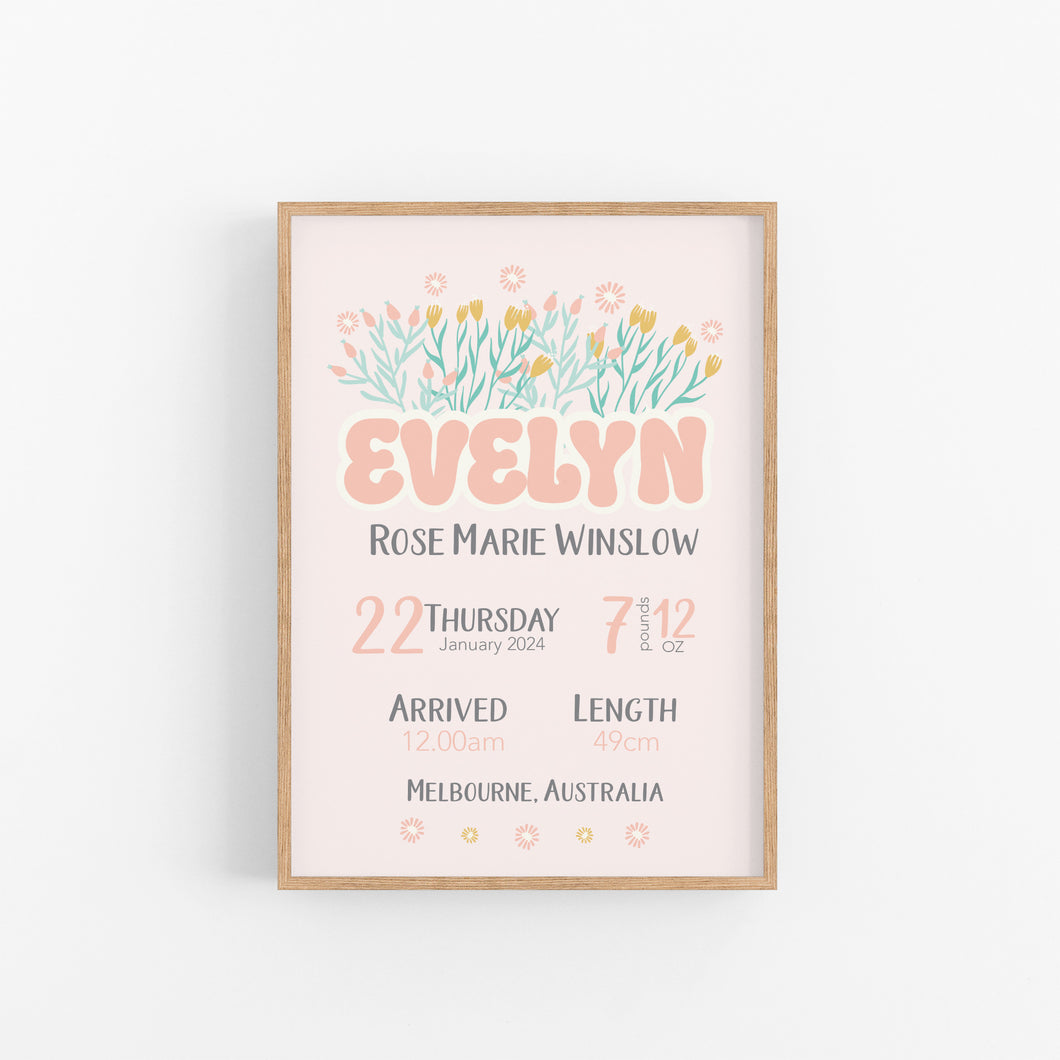 Retro Wildflower Personalised Birth Print
