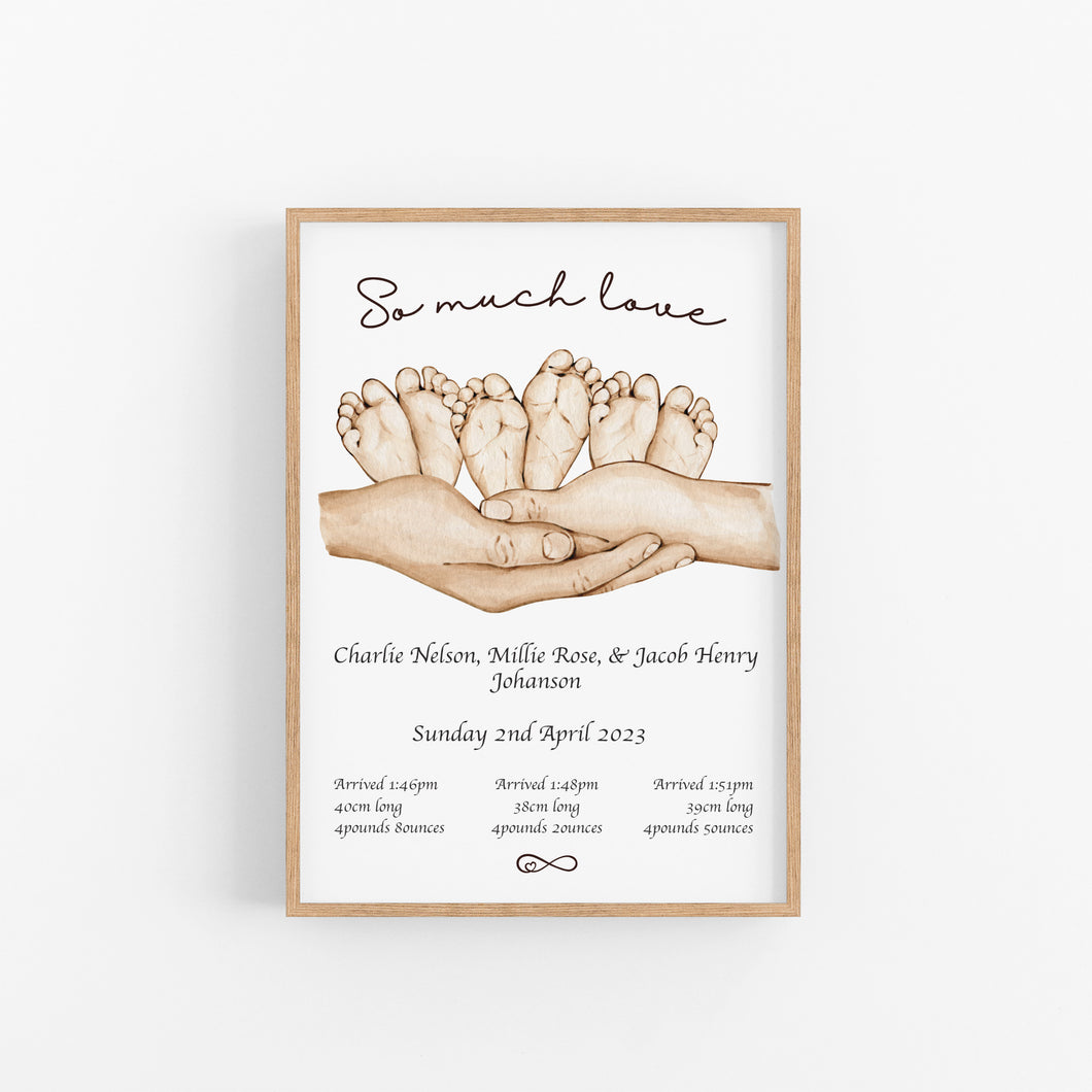 Triplet Baby Feet Personalised Birth Stat Print