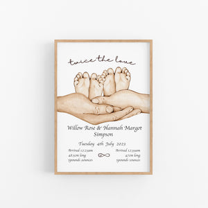 Twin Baby Feet Personalised Birth Stat Print