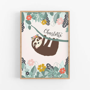 Tree Sloth Personalised Print - Custom Name Prints - Happy Joy Decor