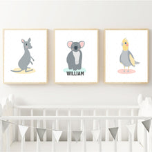 Load image into Gallery viewer, Koala, Kangaroo and Cocky Australian Animal Personalised Print Set - Happy Joy Decor
