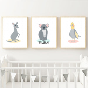 Koala, Kangaroo and Cocky Australian Animal Personalised Print Set - Happy Joy Decor