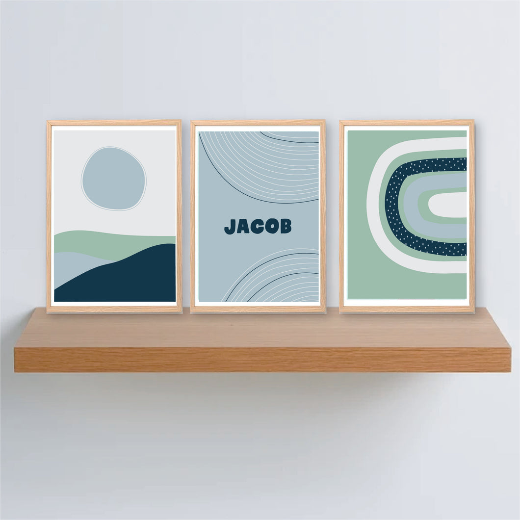 Blue Green Abstract Nursery Personalised Print Set - Happy Joy Decor