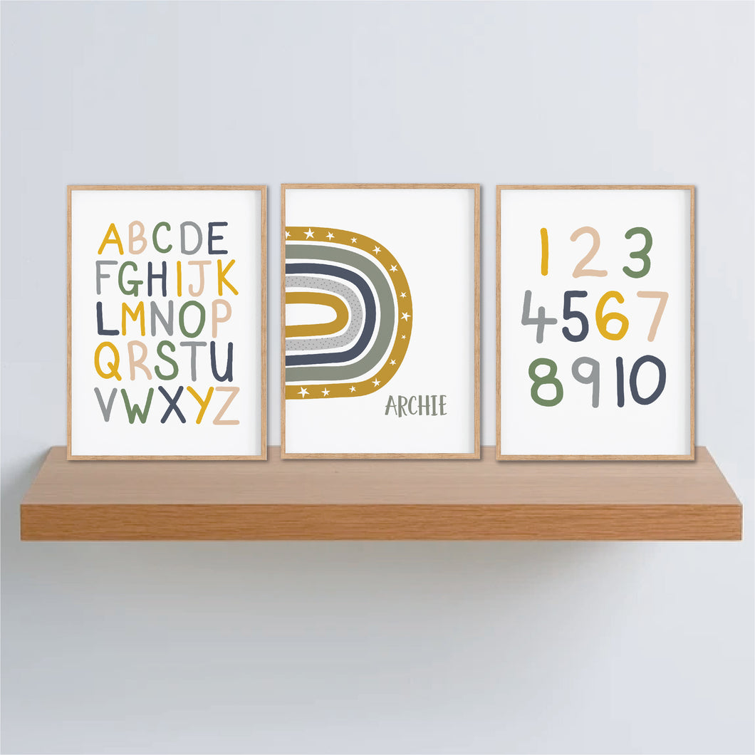 Blue Green Mustard Alphabet Rainbow Number Personalised Print Set - Playroom Prints - Happy Joy Decor