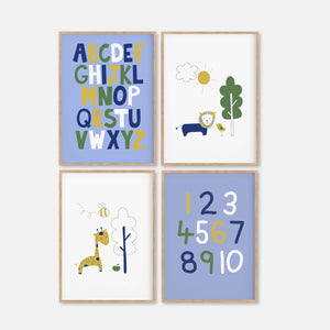 Blue Jungle Animal Instant Download Set of 4 - Kids Playroom Printables - Happy Joy Decor