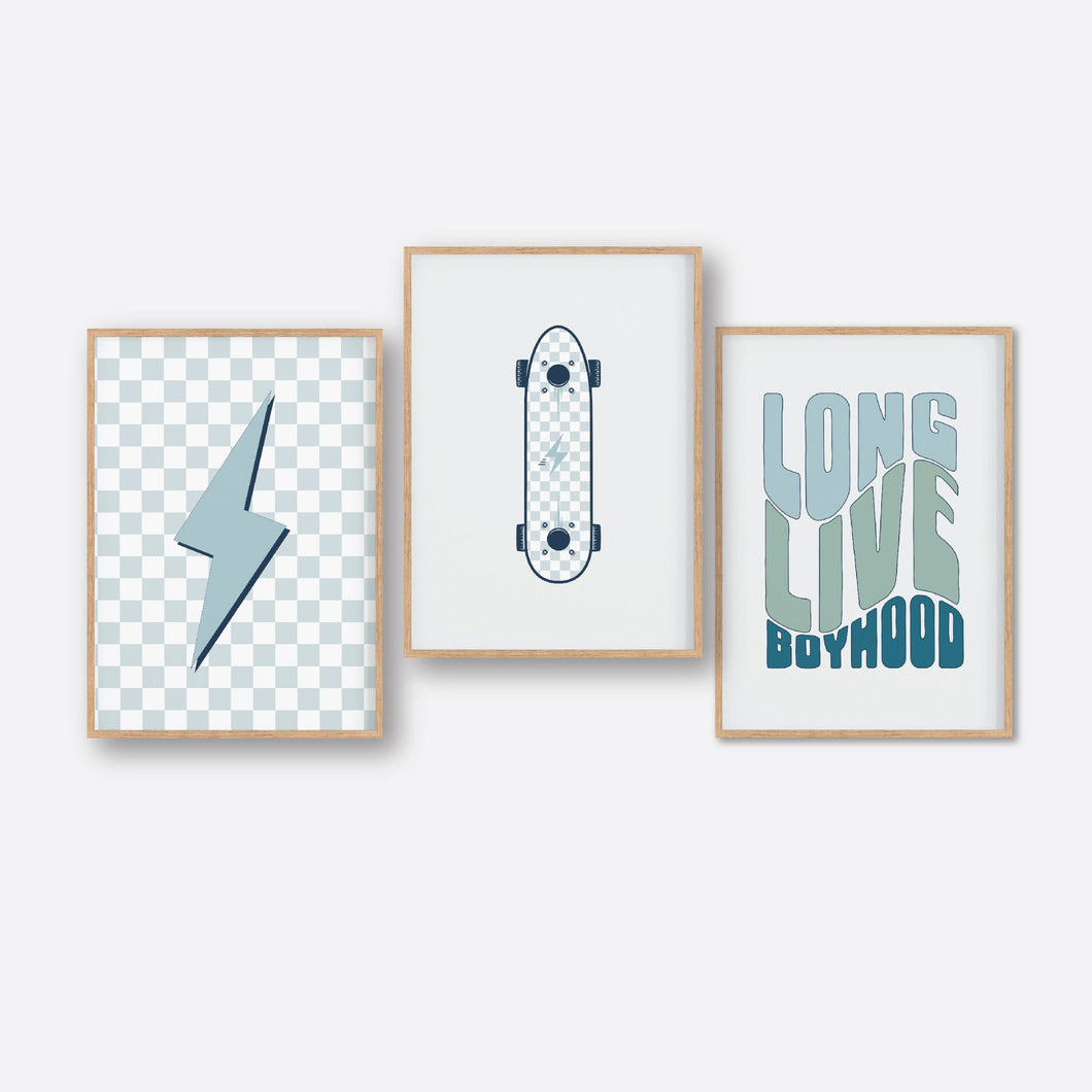 Blue Long Live Boyhood Lightning Bolt & Skateboard Instant Download Set of 3