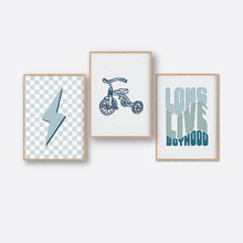 Load image into Gallery viewer, Blue Long Live Boyhood With Lightning Bolt &amp; Tricycle Instant Download Set of 3
