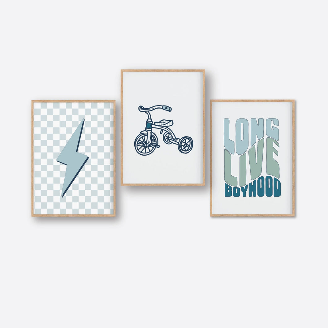 Blue Long Live Boyhood With Lightning Bolt & Tricycle Instant Download Set of 3
