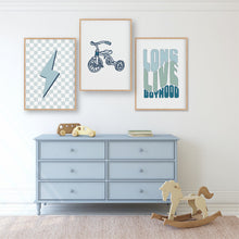 Load image into Gallery viewer, Blue Long Live Boyhood With Lightning Bolt &amp; Tricycle Instant Download Set of 3

