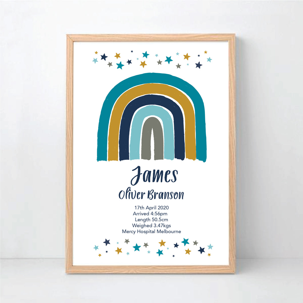 Blue Rainbow Nursery Birth Print - Happy Joy Decor