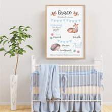 Load image into Gallery viewer, Woodlands Animals Blue Birth Announcement Print - Happy Joy Decor
