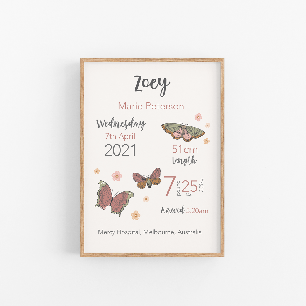 Boho Butterfly Personalised Birth Print - Happy Joy Decor