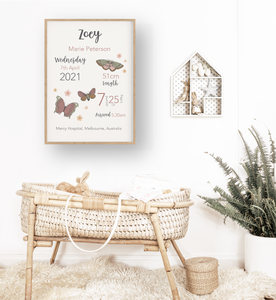 Boho Butterfly Personalised Birth Print - Happy Joy Decor
