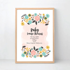Bright Botanical Flower Personalised Birth Print - Happy Joy Decor