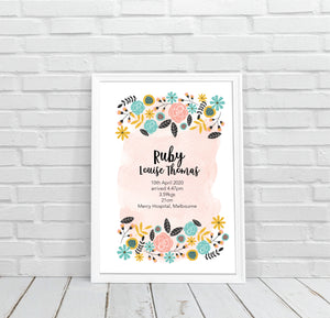 Bright Botanical Flower Personalised Birth Print - Happy Joy Decor