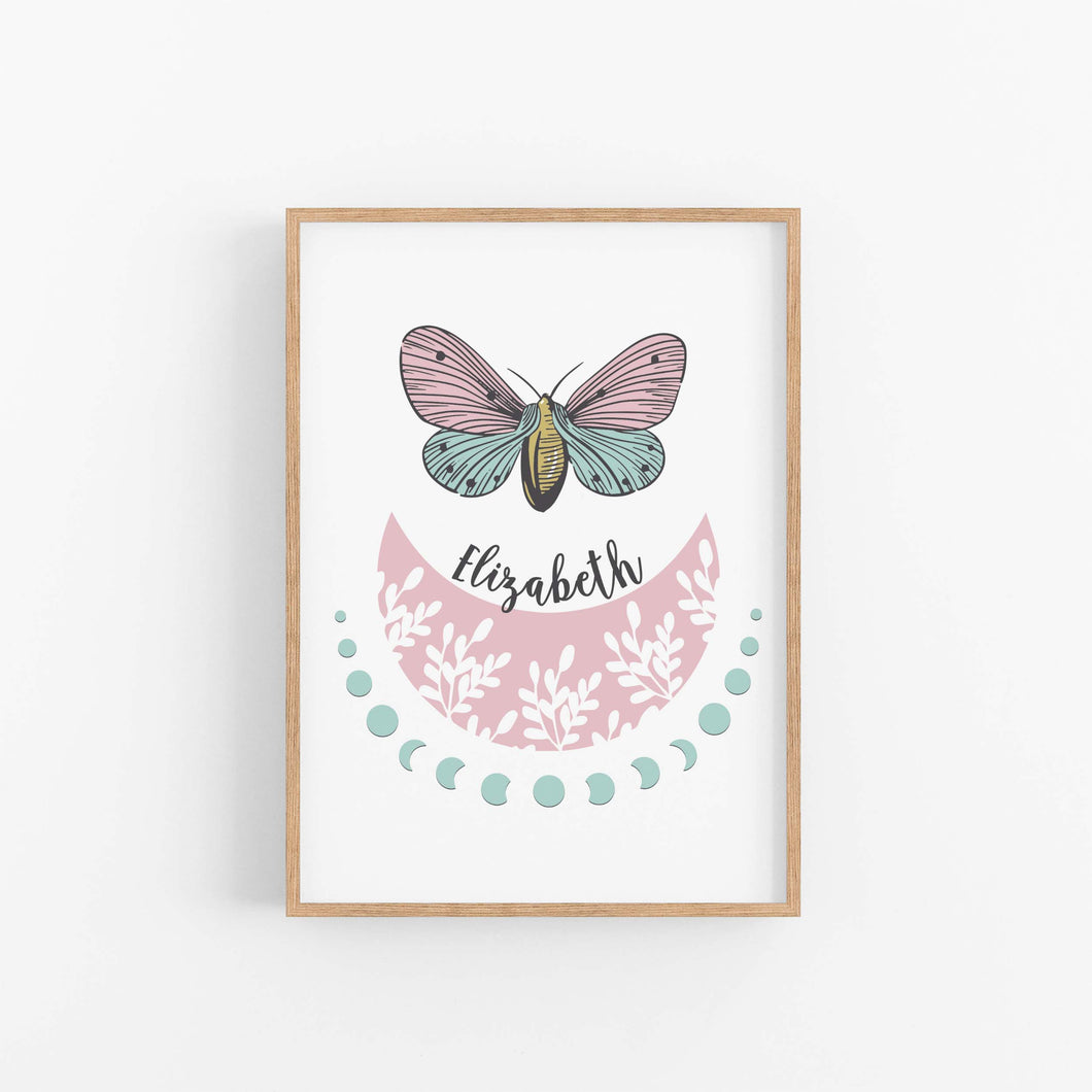 Butterfly Moon Phase Personalised Print - Girls Bedroom Prints - Happy Joy Decor