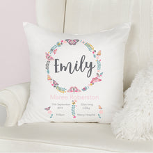 Load image into Gallery viewer, Butterfly Wreath Birth Stat Cushion
