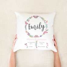 Load image into Gallery viewer, Butterfly Wreath Birth Stat Cushion
