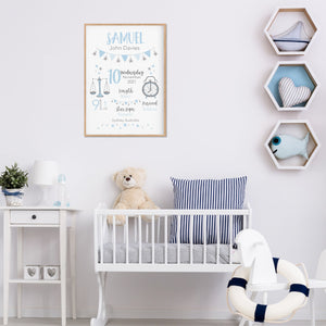 Classic Blue Birth Stat Print - new Baby keepsake - Happy Joy Decor