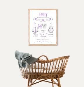 Classic Birth Stat Print - Girls Newborn Gift - Happy Joy Decor