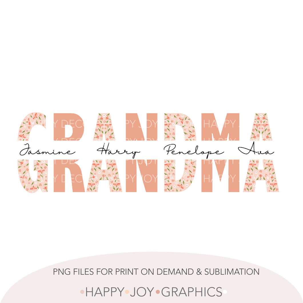 Peach Floral Customizable Grandma Png template - Happy Joy Graphics