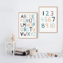 Load image into Gallery viewer, Blues Alphabet &amp; Number Print - kids playroom prints - Happy Joy Decor
