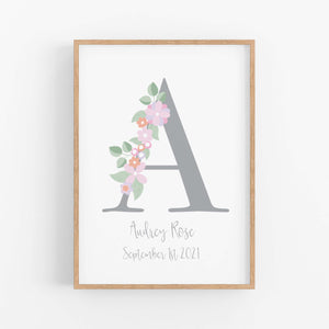 Floral Letter Personalised Birth Print - Happy Joy Decor