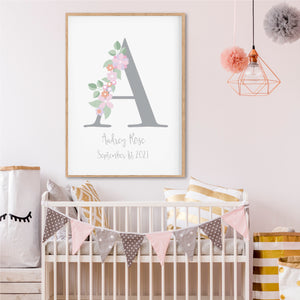 Floral Letter Personalised Birth Print - Happy Joy Decor