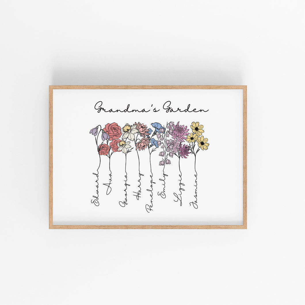 Grandma's Garden Birth Flowers Personalised Print