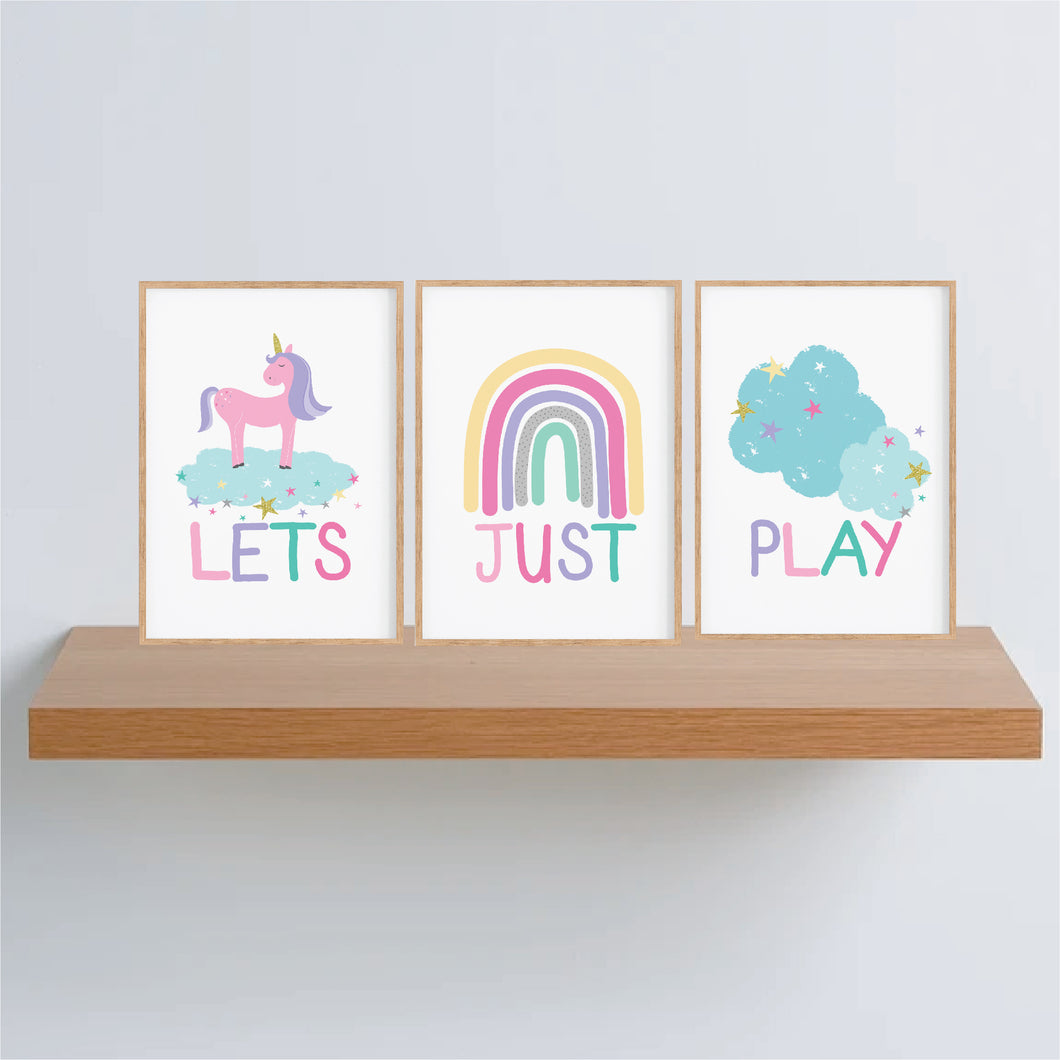 Lets Just Play Unicorn Instant Download Set of 3 - Happy Joy Decor