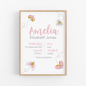 Pretty Moth Personalised Birth Stat Print - Girls Nursery Wall Prints - Happy Joy Decor