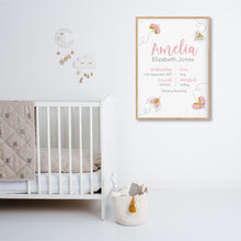 Load image into Gallery viewer, Pretty Moth Personalised Birth Stat Print - Girls Nursery Wall Prints - Happy Joy Decor

