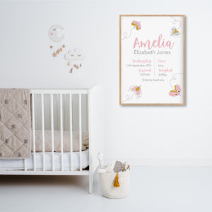 Pretty Moth Personalised Birth Stat Print - Girls Nursery Wall Prints - Happy Joy Decor