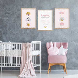 Moth Birth Stat Print Set - Girls Nursery wall Art - Happy Joy decor