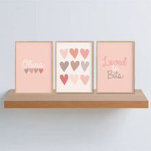 Load image into Gallery viewer, Peach Hearts Personalised Print Set of 3 - Girls Personalised Nursery Print - Happy Joy Decor
