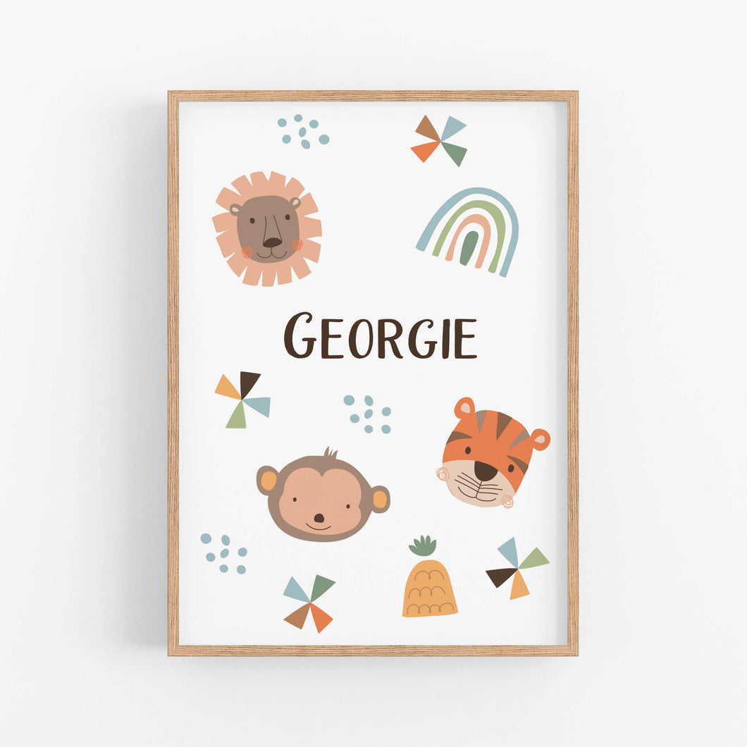 Baby Jungle Animal Personalised Print - Personalised Nursery Prints - Happy Joy Decor