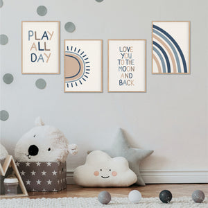 Blue Playroom Instant Download Set of 4 - Kids Playroom Printables - Happy Joy Decor