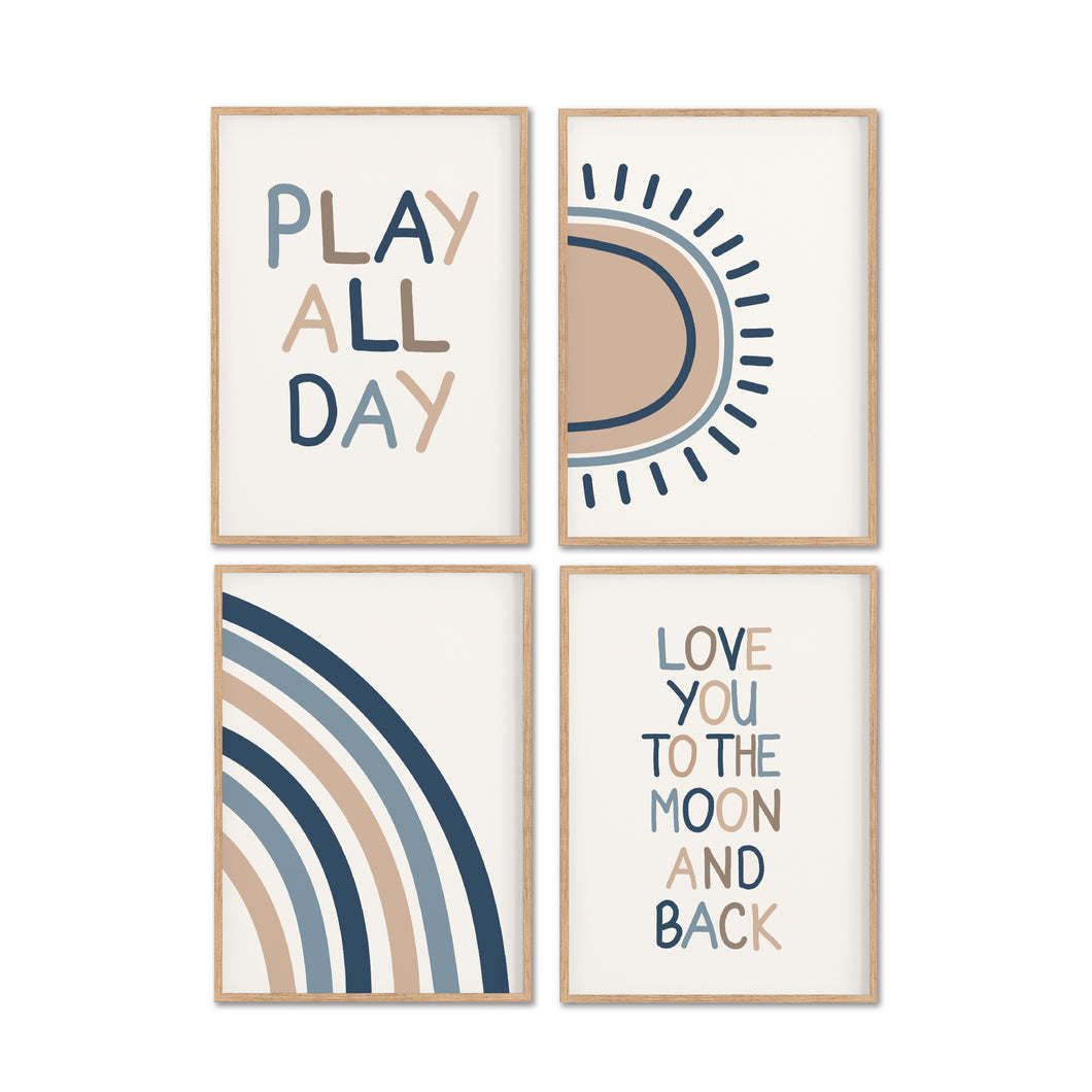 Blue Playroom Instant Download Set of 4 - Kids Playroom Printables - Happy Joy Decor