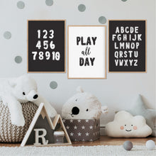 Load image into Gallery viewer, Play All Day Black &amp; White Print Set - Playroom Prints - Happy Joy Decor
