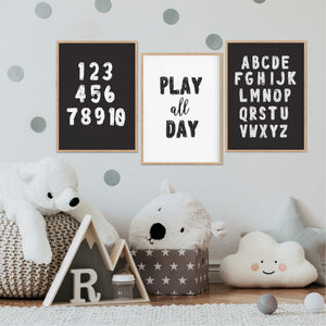 Play All Day Black & White Print Set - Playroom Prints - Happy Joy Decor