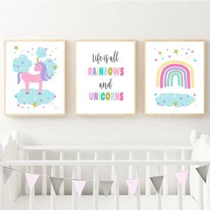 Rainbows & Unicorns Wall Art Set - Girls Bedroom Wall Art - Happy Joy Decor