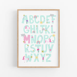 Rainbow Unicorn Alphabet Personalised Print - girls playroom wall art - Happy Joy Decor