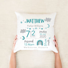 Load image into Gallery viewer, Teal Star and Moon Birth Stat Cushion

