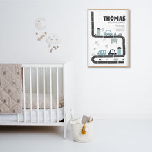Load image into Gallery viewer, Urban Traffic Birth Stat Print - boys bedroom decor - Happy Joy Decor
