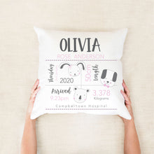 Load image into Gallery viewer, Pink Baby Animal Birth Stat Cushion
